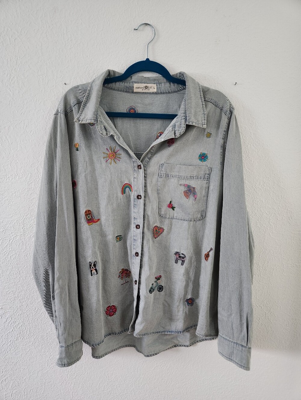 Natural Life Embroidered Light Blue Chambray Button Up Shirt, Size Large